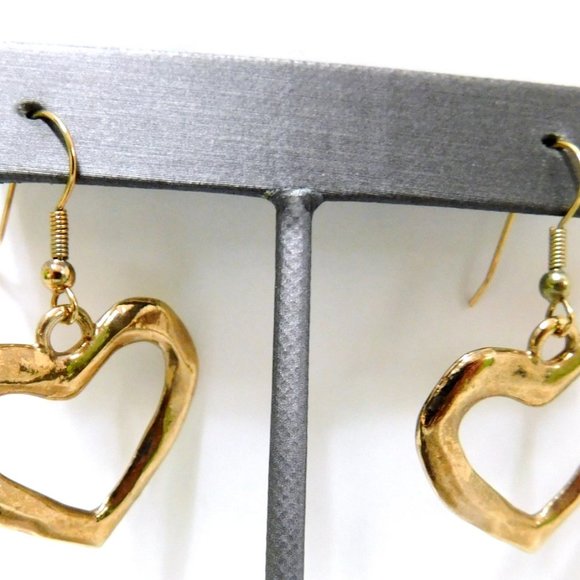 Goldtone Heart, Dangle Earrings, Hollow Center, Fishhook Closure - Picture 3 of 6